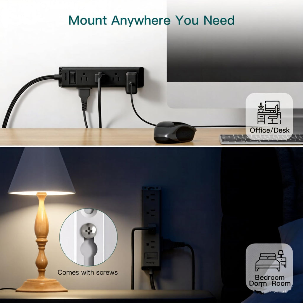 Flat Plug Power Strip, Ultra Thin Flat Extension Cord - 12 Outlets 3 Sides