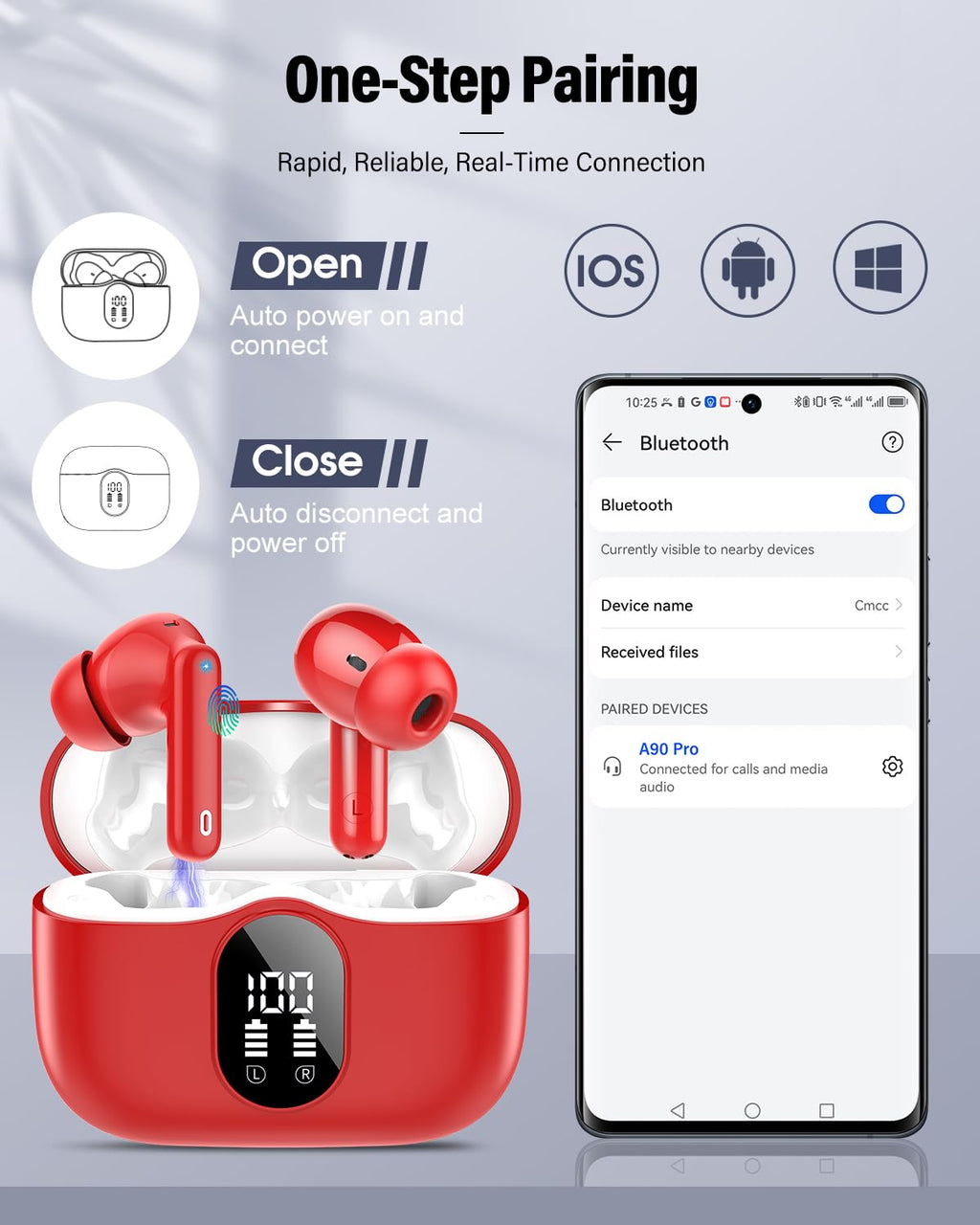 Wireless Earbuds, Bluetooth 5.4 Headphones Bass Stereo/Clear Calls, White