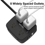 6 Ft Surge Protector Power Strip - YISHU 8 Widely Outlets with 4 USB Ports, 3 Side Outlet Extender with 6 Feet Flat Extension Cord, Ultra Flat Plug, Wall Mount, Desk USB Charging Station, ETL, Black