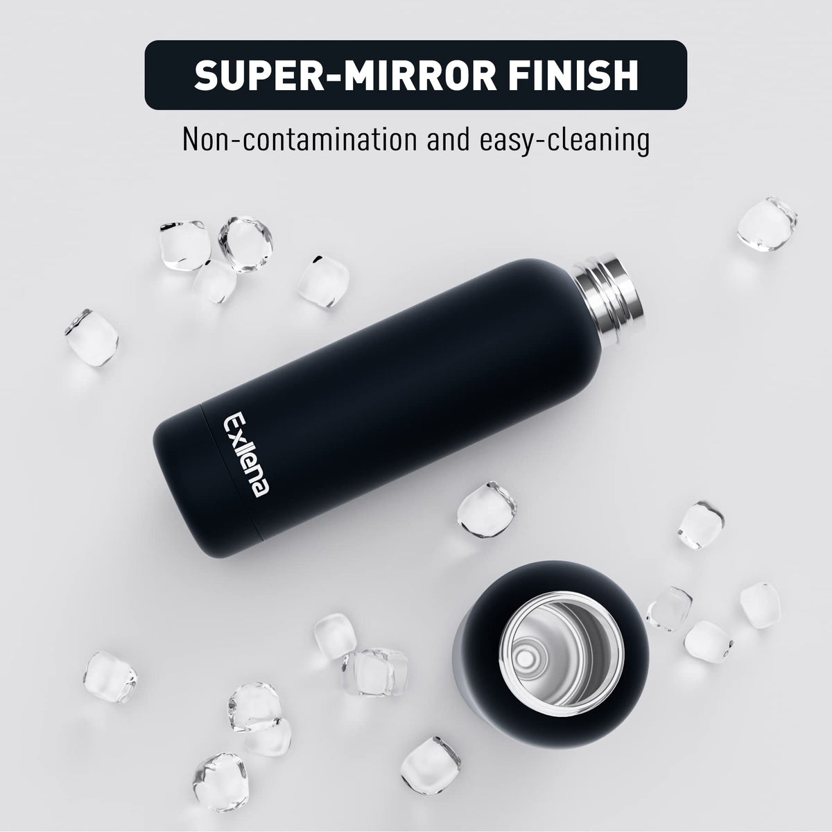Exllena Insulated Black Water Bottles 750ml with Clip, Double Wall Vacuum Drinks Bottle Keeps Drinks Cold 24 Hrs/Hot 12 Hrs, Stainless Steel Water Bottle BPA Free