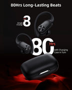 PocBuds Bluetooth Headphones Wireless Earbuds 80hrs Playtime Wireless Charging Case Digital Display Sports Ear Buds with Earhook Deep Bass IPX7 Waterproof Over-Ear Earphones for TV Phone Laptop Pink