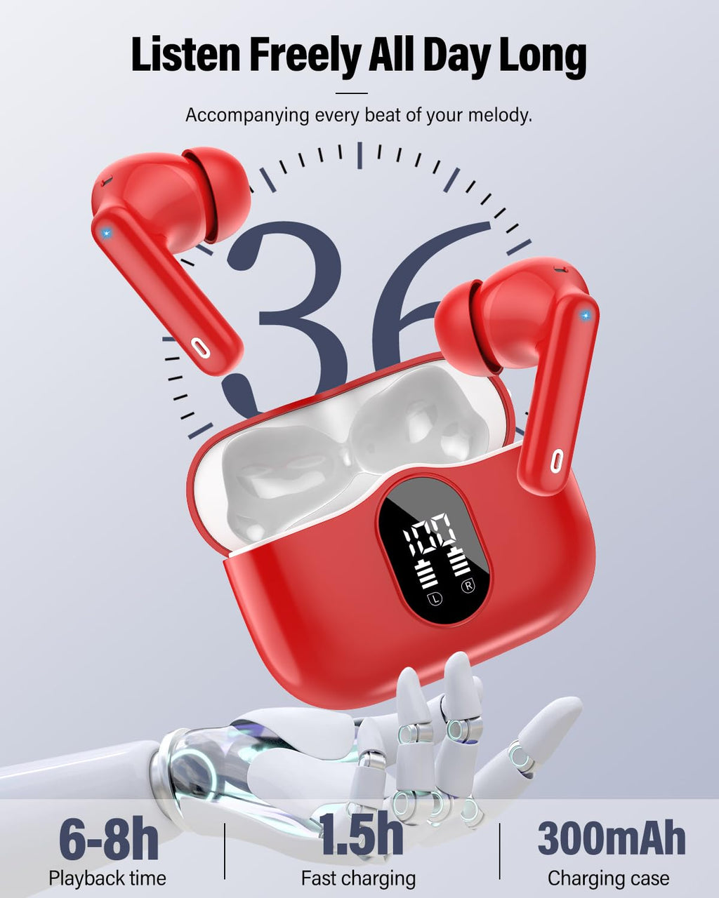 Wireless Earbuds, Bluetooth 5.4 Headphones Bass Stereo/Clear Calls, White