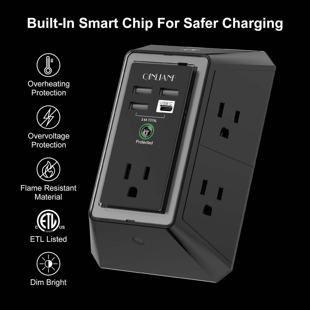 Surge Protector, QINLIANF 5 Outlet Extender with 4 USB Ports(2USB-C)