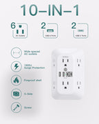 Addtam 6-Outlet Extender Surge Protector, Multi Plug Wall Outlet with 4 USB Wall Charger(PD 30W), Plug Extension Outlet with 1800J, Outlet Splitter Power Strip for Home Office, White