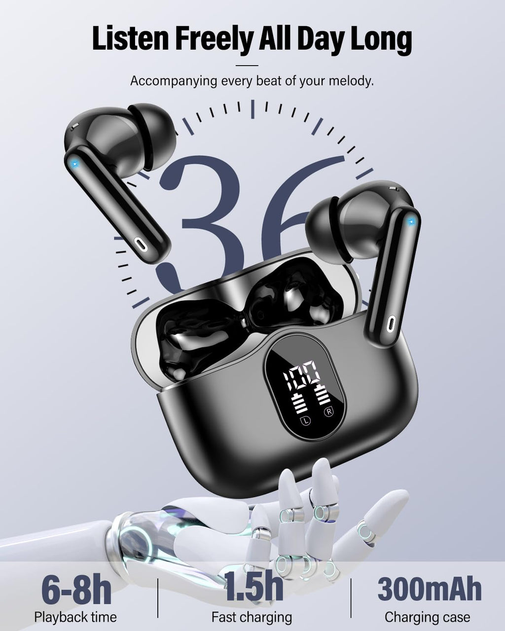 Wireless Earbuds, Bluetooth 5.4 Headphones Bass Stereo/Clear Calls, White