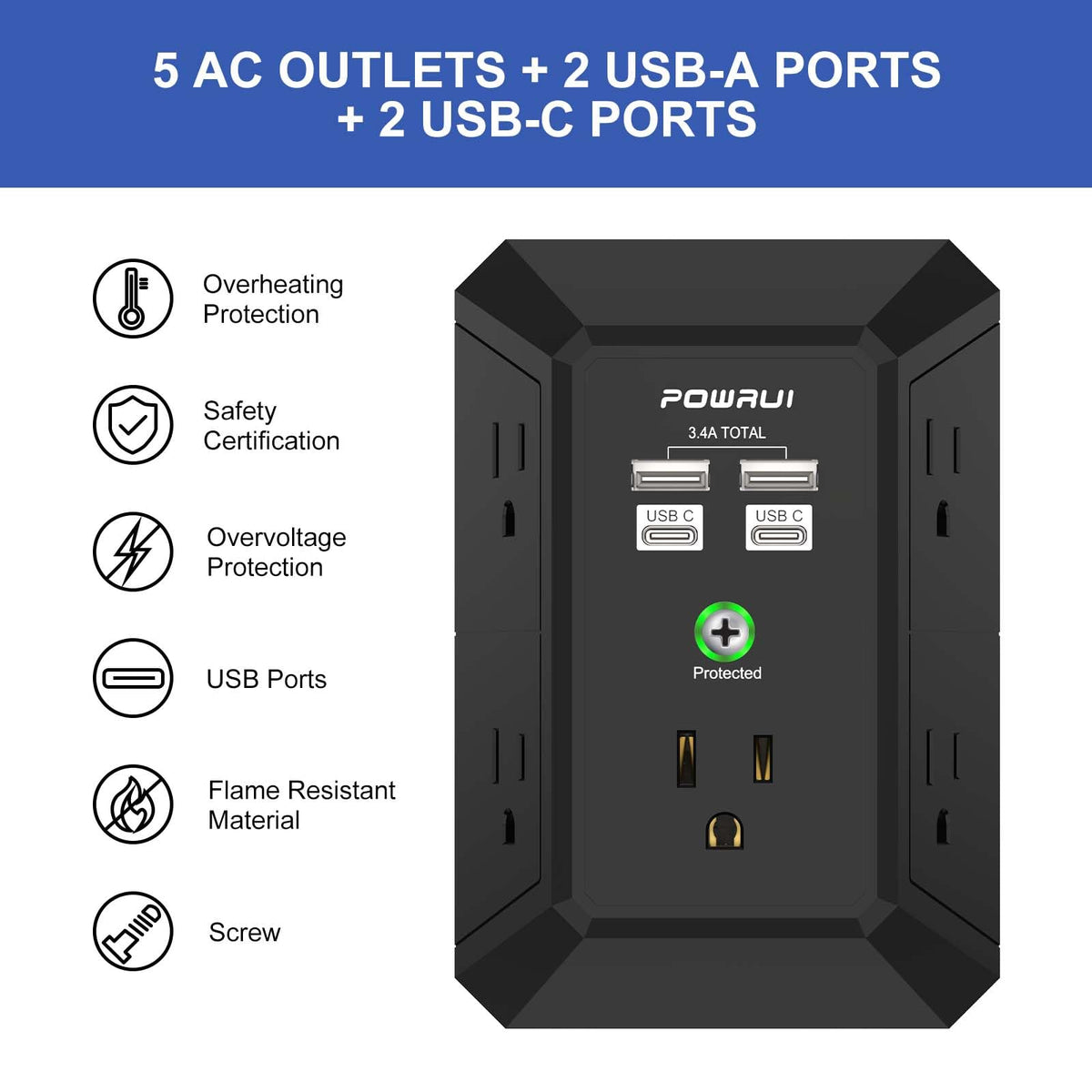 Multi Plug Wall Outlet Night Light, POWRUI 6 Outlet Extender & 3 USB Ports