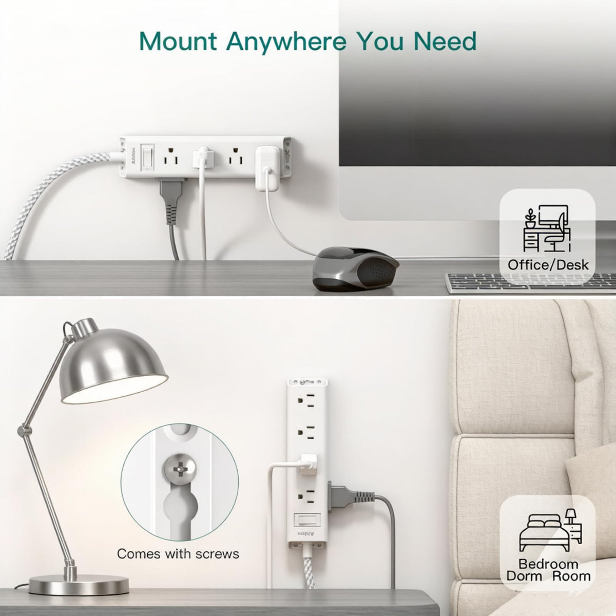 Flat Plug Power Strip, Ultra Thin Flat Extension Cord - 12 Outlets 3 Sides