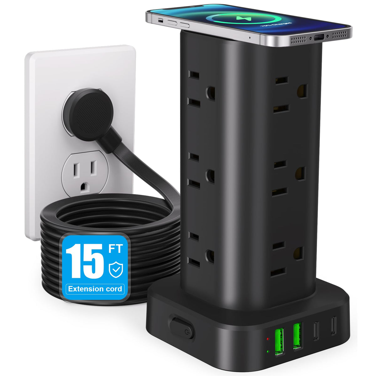 6FT Power Strip Tower with Wireless Charger,Surge Protector with 12 Outlets