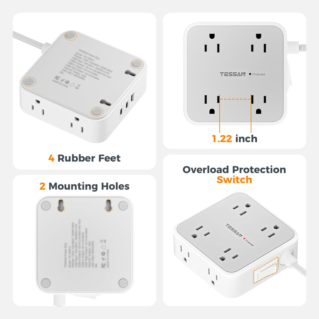 TESSAN Surge Protector Power Strip with 900J Surge Protection, 5 Ft, Grey
