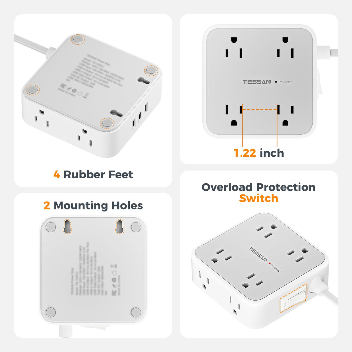 TESSAN Surge Protector Power Strip with 900J Surge Protection, 5 Ft, Grey