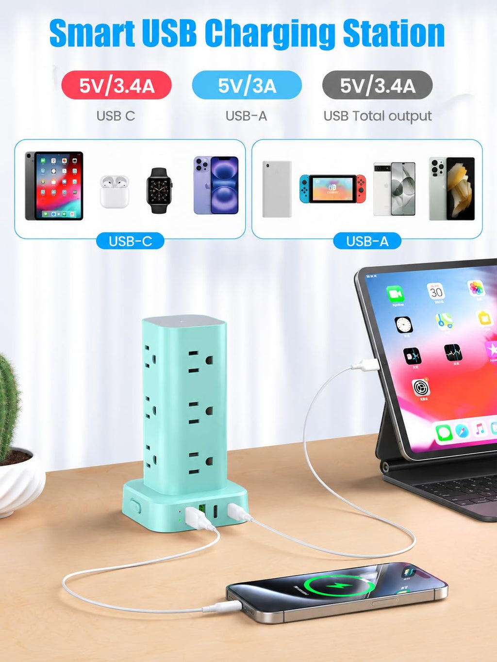 6FT Power Strip Tower with Wireless Charger,Surge Protector with 12 Outlets