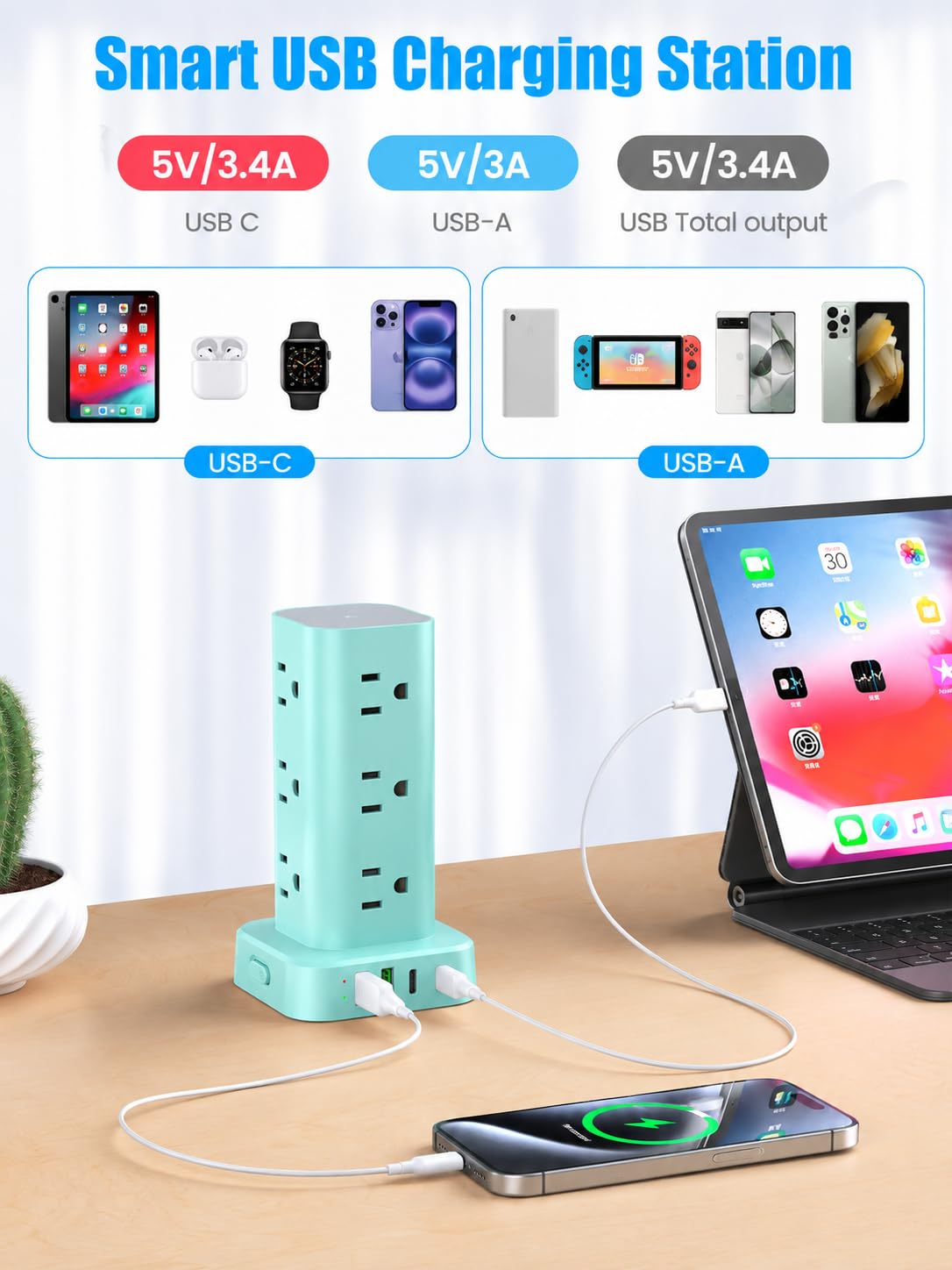 6FT Power Strip Tower with Wireless Charger,Surge Protector with 12 Outlets