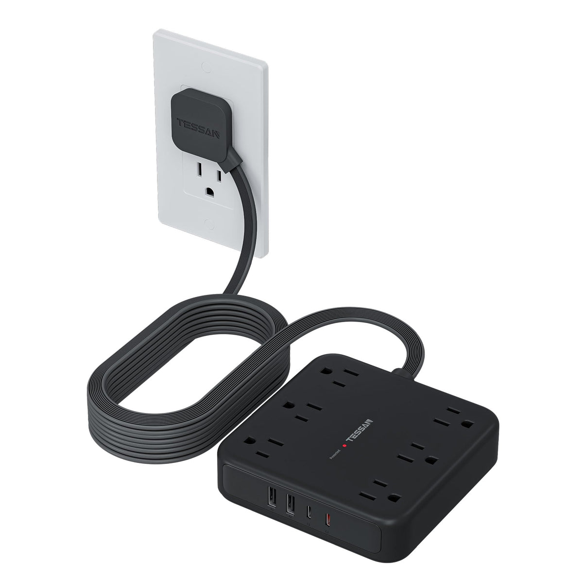 TESSAN Surge Protector Power Strip, 5Ft Flat Plug Extension Cord, Black