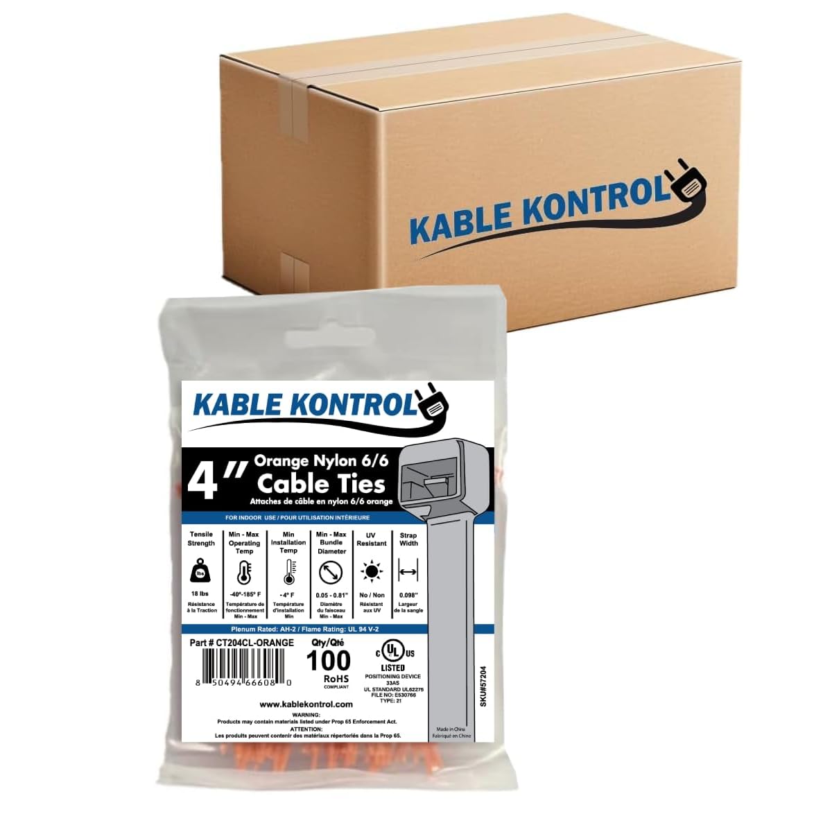 Kable Kontrol Cable Zip Ties, 4 Inch, 100 Pcs, 18lbs Test, Gray