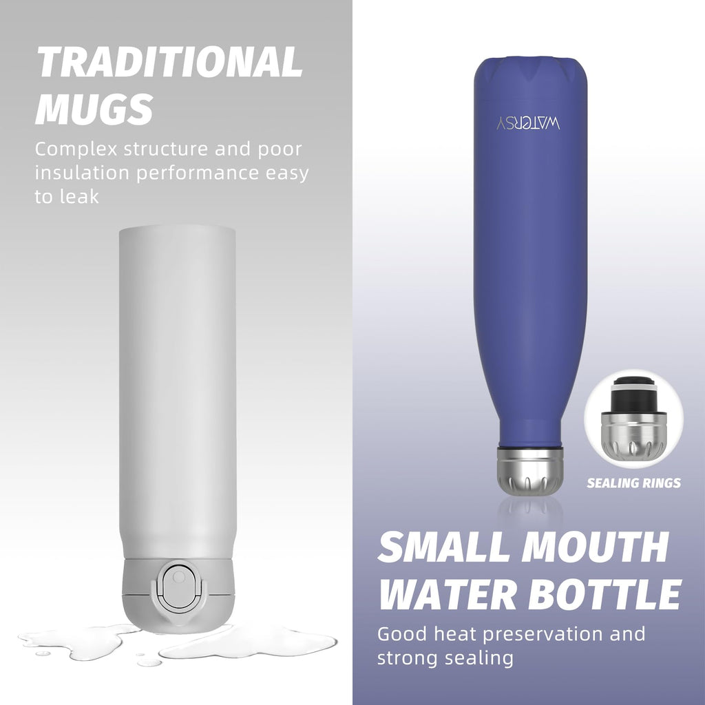 Stainless Steel Insulated Water Bottle, WATERSY Double Walled Metal Vacuum Flask Keep 24 Hrs Cold & 12 Hrs Hot Thermal Metal Sports Bottles 500ml BPA Free for Outdoor, Work, Gym, School (Black)