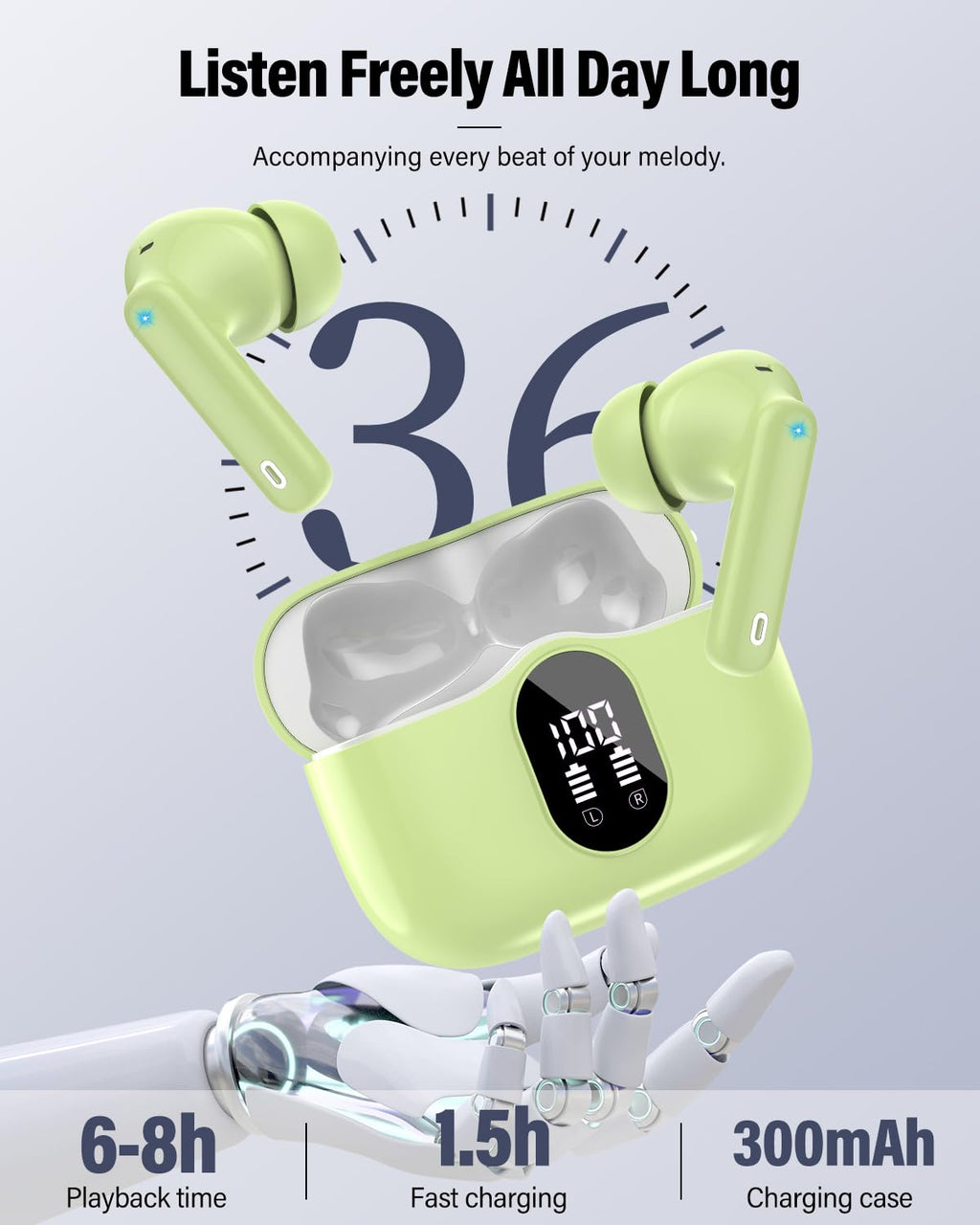 Wireless Earbuds, Bluetooth 5.4 Headphones Bass Stereo/Clear Calls, White