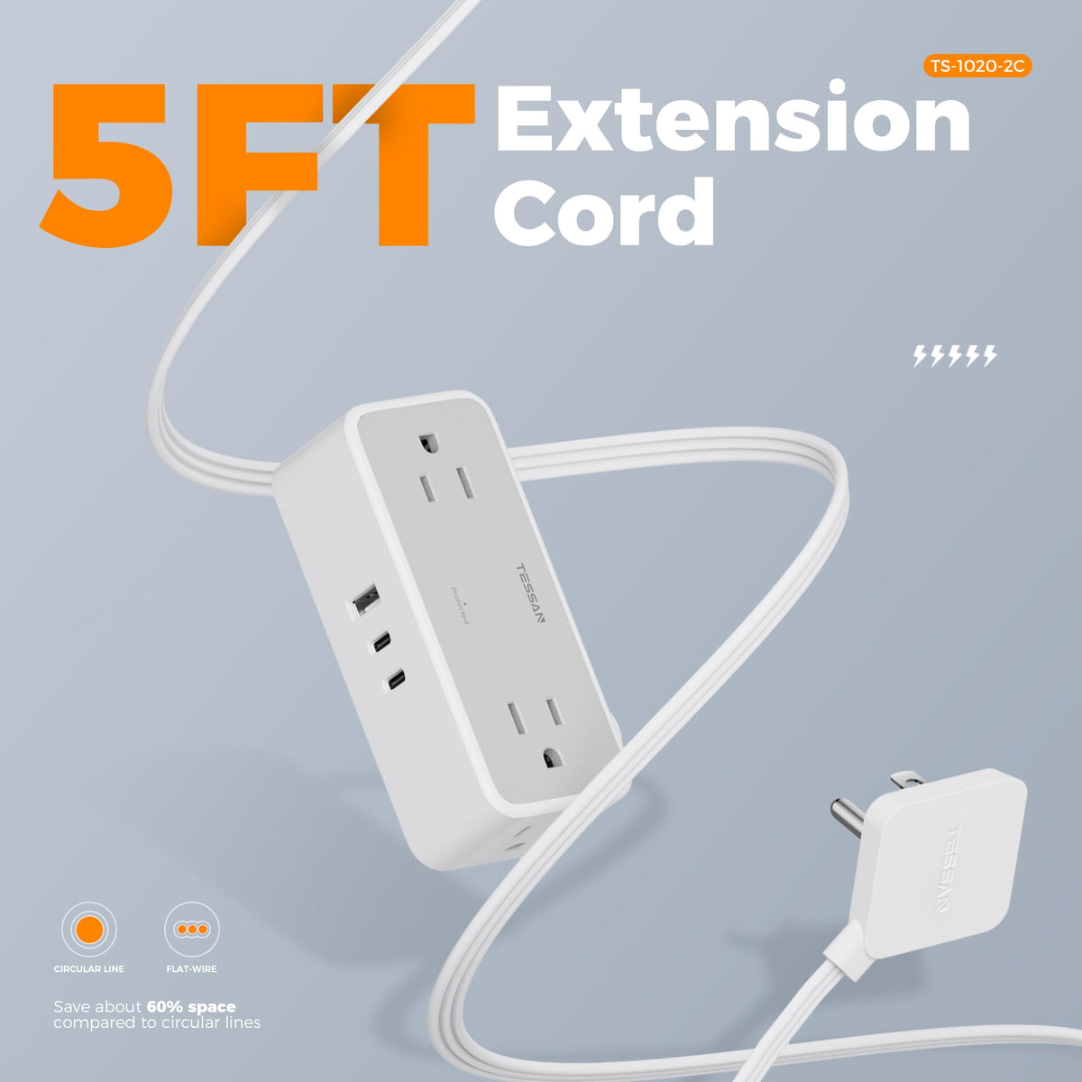TESSAN Extension Cord 10 FT, Power Strip with 900J Surge Protection, Grey