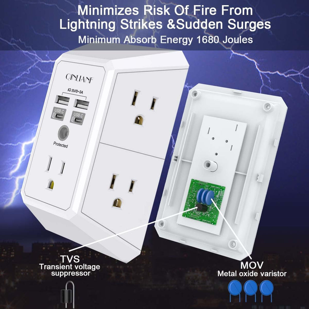 Surge Protector, QINLIANF 5 Outlet Extender with 4 USB Ports(2USB-C)