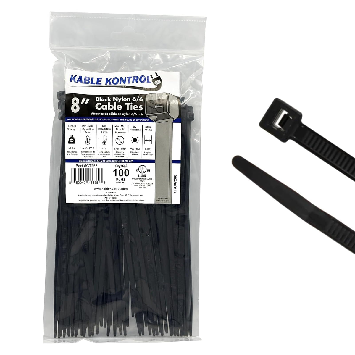 Kable Kontrol Cable Zip Ties, 4 Inch, 100 Pcs, 18lbs Test, Gray
