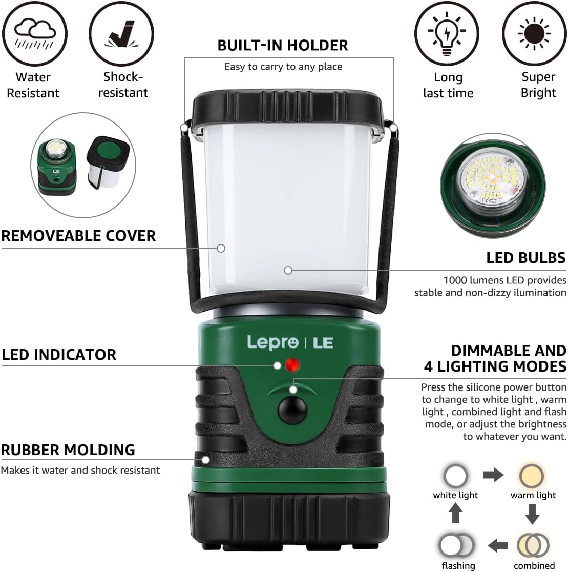LE Camping Light Rechargeable, 1000lm Camping Lantern, Warm & Cool Light