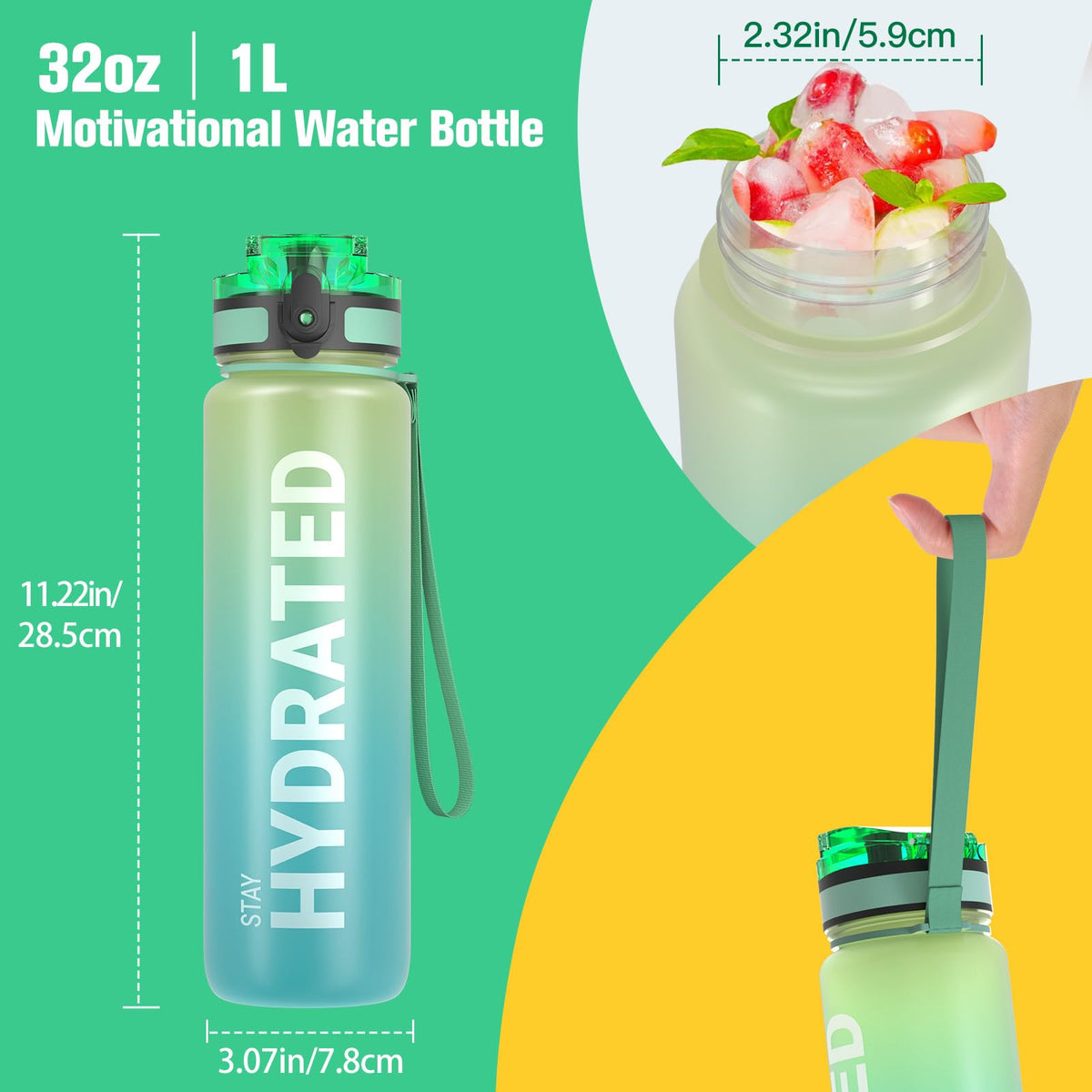 Sahara Sailor Water Bottle 1L, Leakproof Tritan Bottle with Time Marker