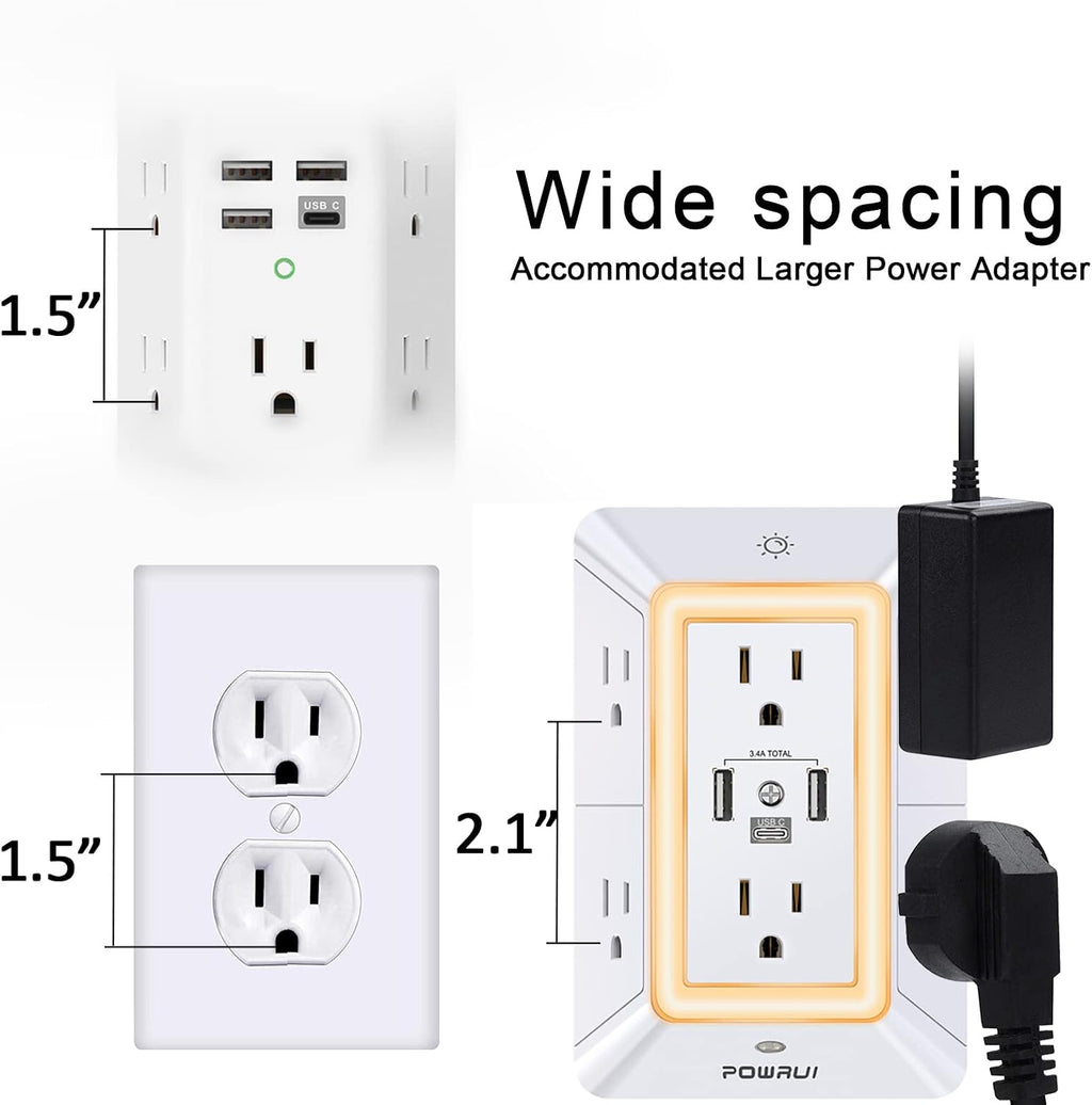 Multi Plug Wall Outlet Night Light, POWRUI 6 Outlet Extender & 3 USB Ports