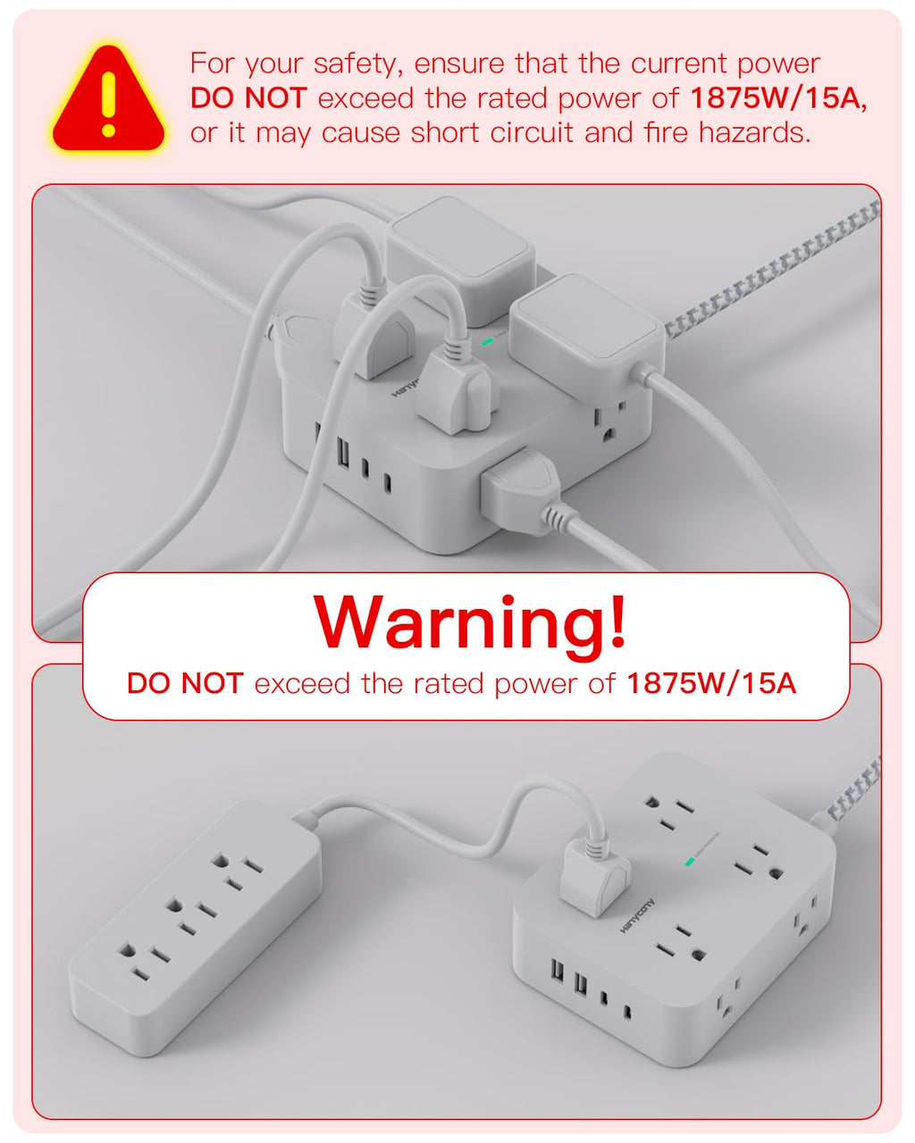 HANYCONY Surge Protector Power Strip, 10 Ft Braided Extension Cord, 1080J