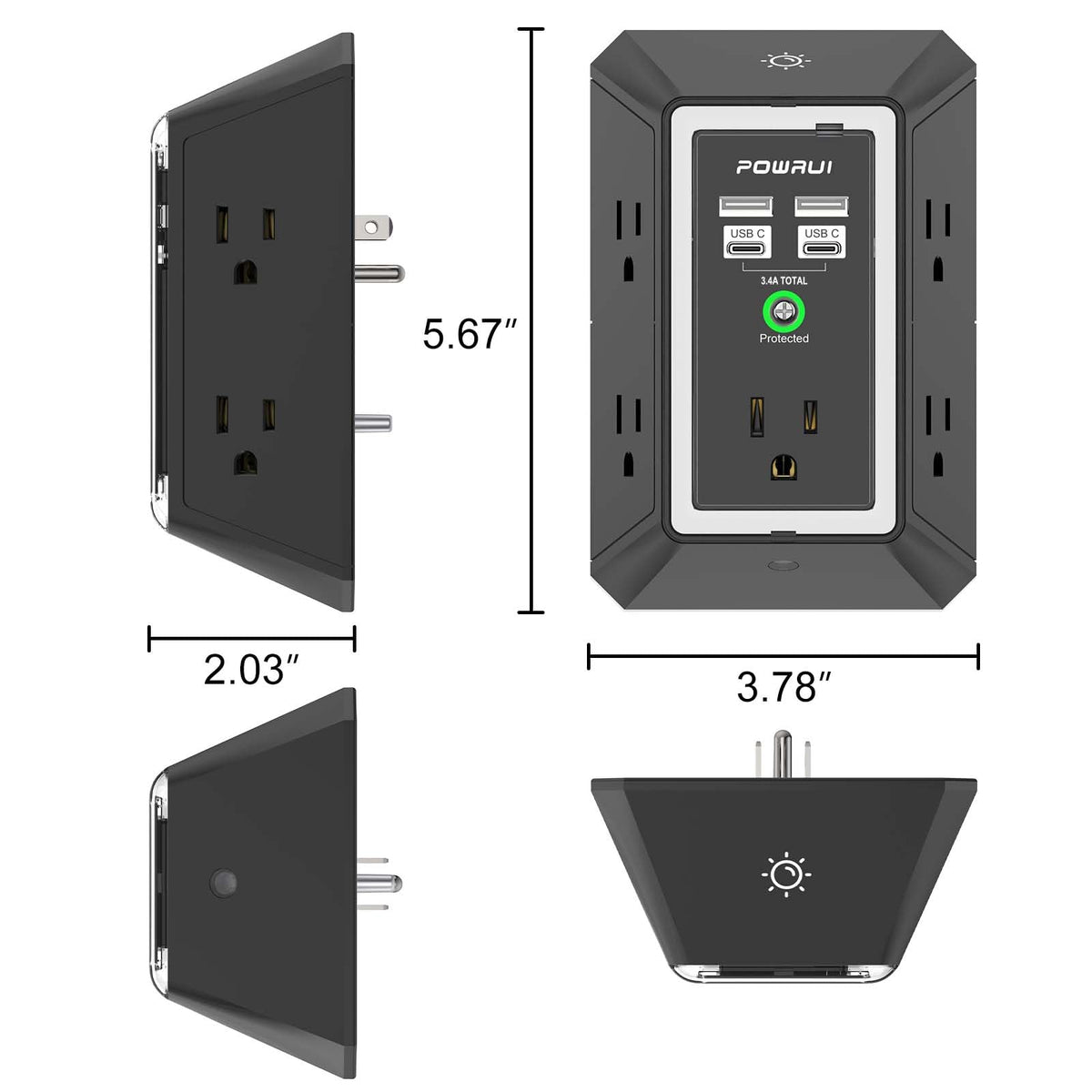 Multi Plug Wall Outlet Night Light, POWRUI 6 Outlet Extender & 3 USB Ports