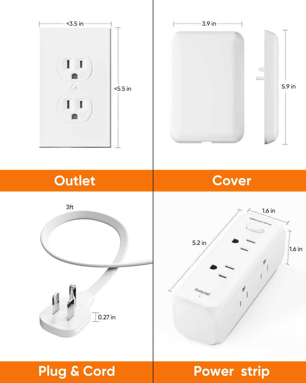 Olcorife Flat Extension Cord with Outlet Cover, Flat Plug Power Strip with 6 Outlets and 3 USB Ports, 8 FT Cord Hidden Outlet Extender for Tight Spaces