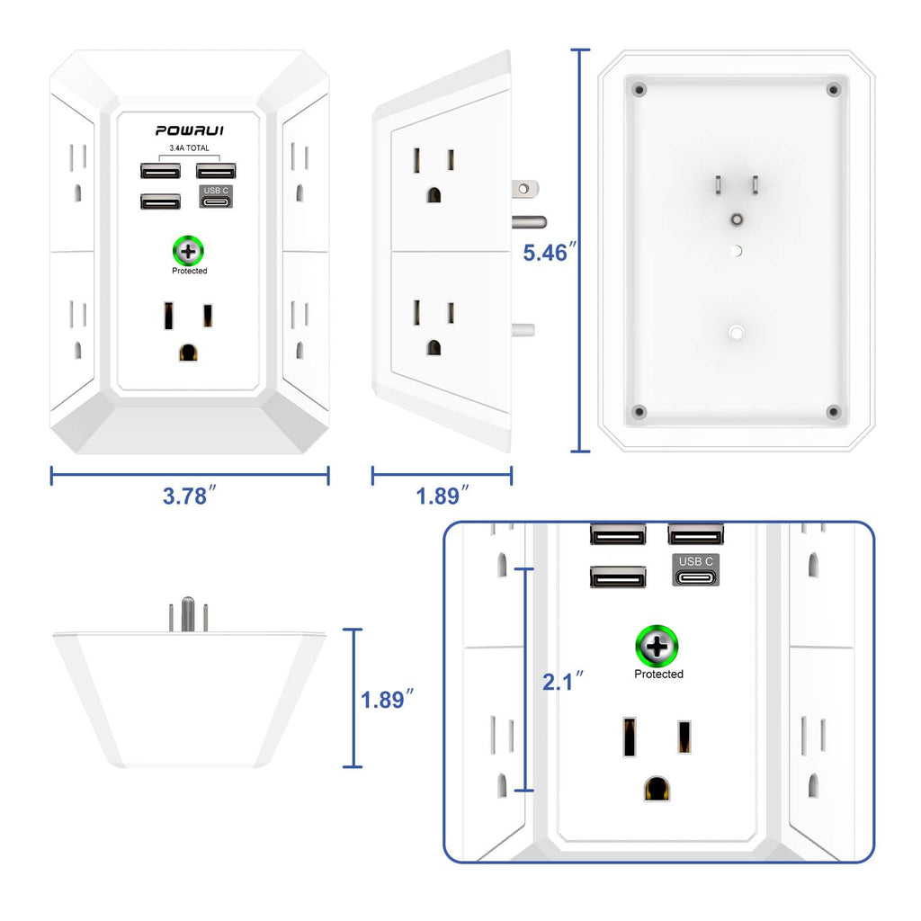 Multi Plug Wall Outlet Night Light, POWRUI 6 Outlet Extender & 3 USB Ports