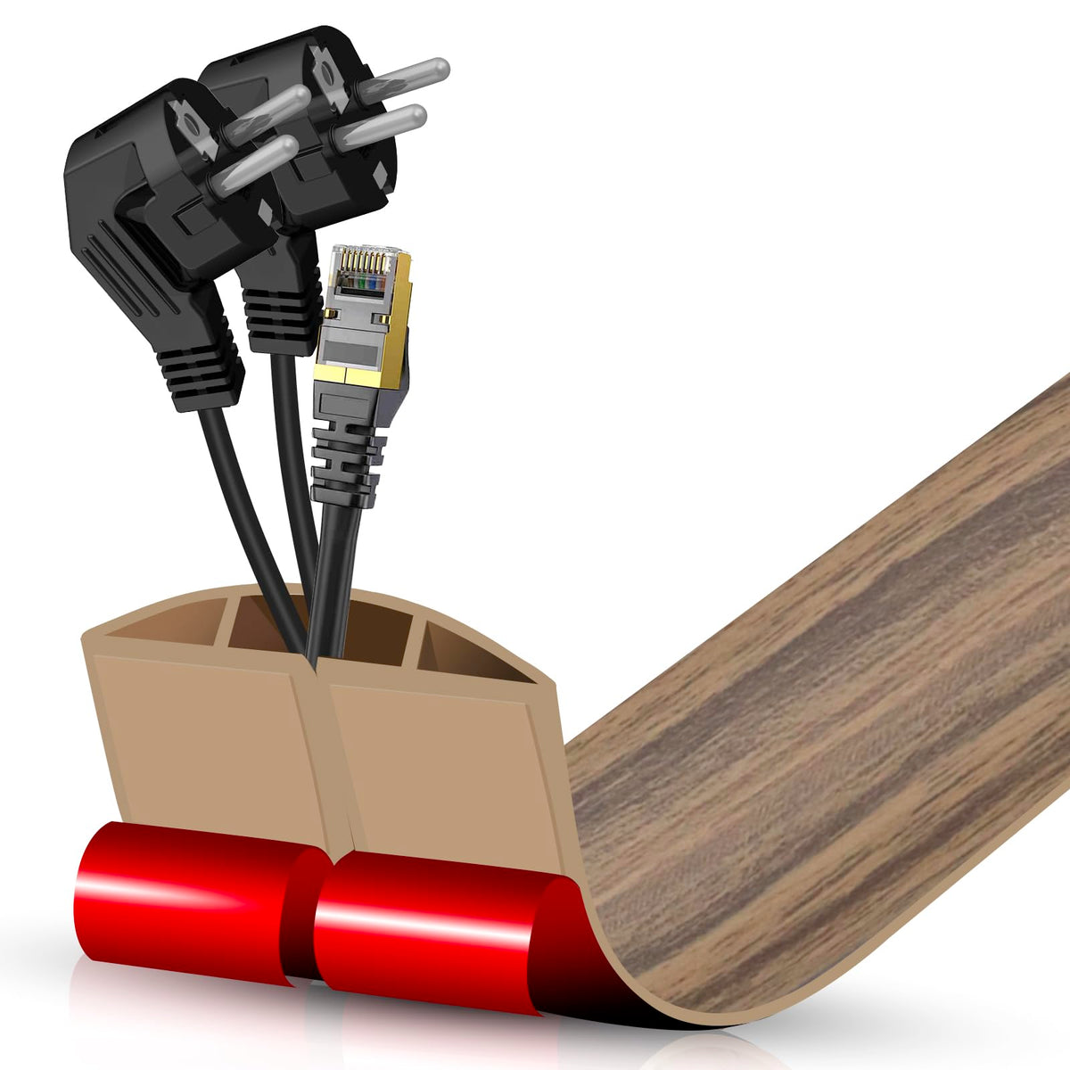 Floor Cord Cover Self Adhesive Cord Hider,3.3FT Cable Management, Extension Strip Protector for Wires, Prevent Cable Trips for Offices, Gyms, Exhibitions Cavity:0.3"(W) x 0.28"(H) Brown Wood