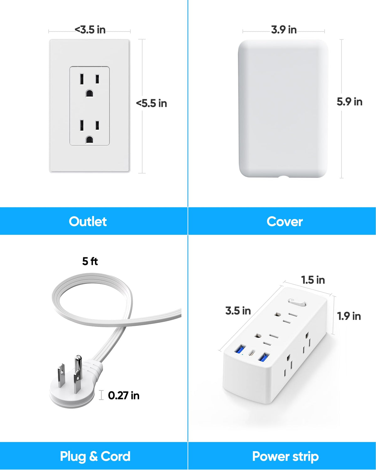 Olcorife Flat Extension Cord with Outlet Cover, Flat Plug Power Strip with 6 Outlets and 3 USB Ports, 8 FT Cord Hidden Outlet Extender for Tight Spaces