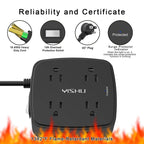 6 Ft Surge Protector Power Strip - YISHU 8 Widely Outlets with 4 USB Ports, 3 Side Outlet Extender with 6 Feet Flat Extension Cord, Ultra Flat Plug, Wall Mount, Desk USB Charging Station, ETL, Black