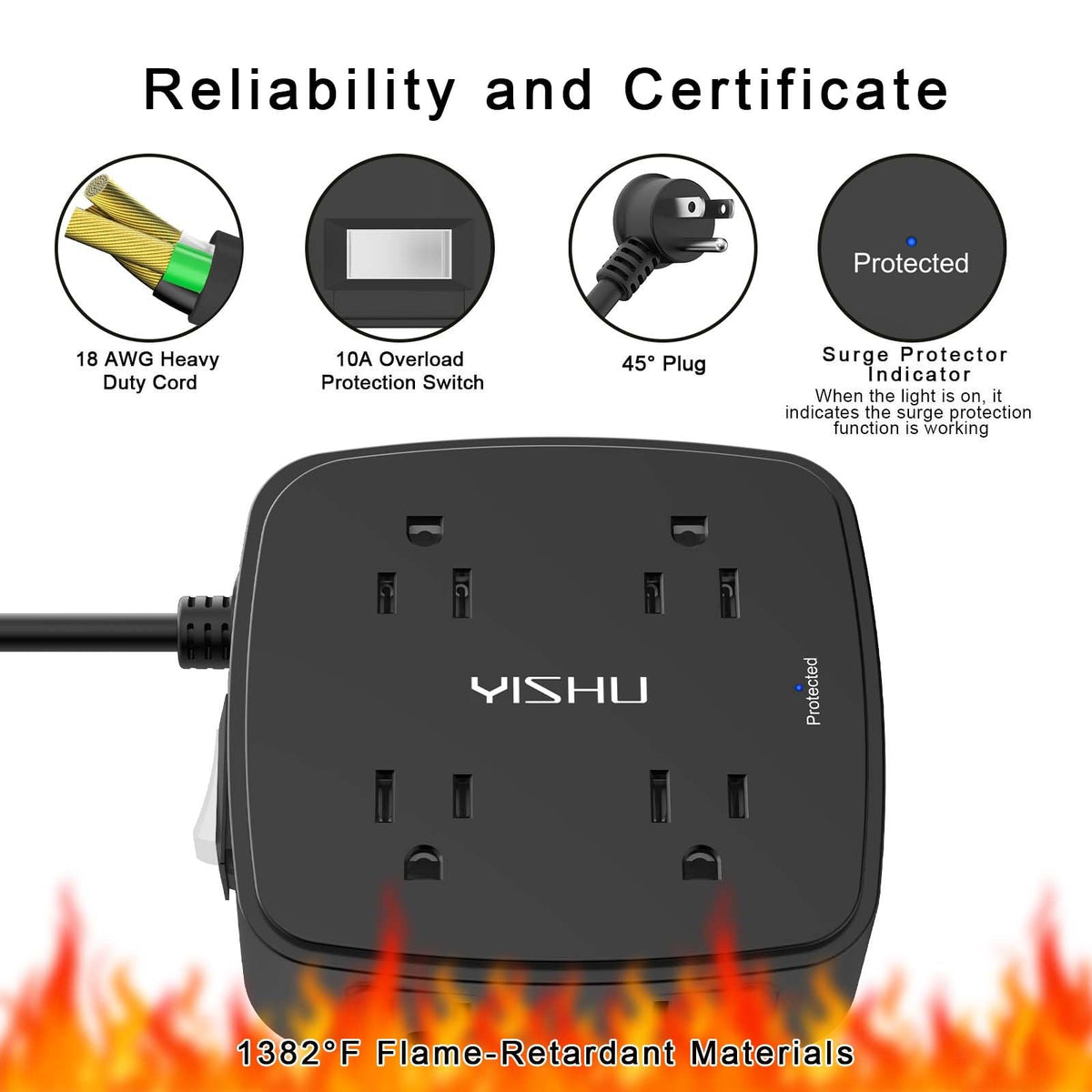 6 Ft Surge Protector Power Strip - YISHU 8 Widely Outlets with 4 USB Ports, 3 Side Outlet Extender with 6 Feet Flat Extension Cord, Ultra Flat Plug, Wall Mount, Desk USB Charging Station, ETL, Black