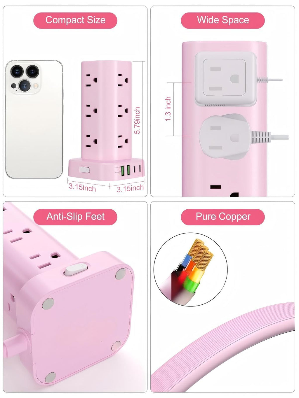 6FT Power Strip Tower with Wireless Charger,Surge Protector with 12 Outlets