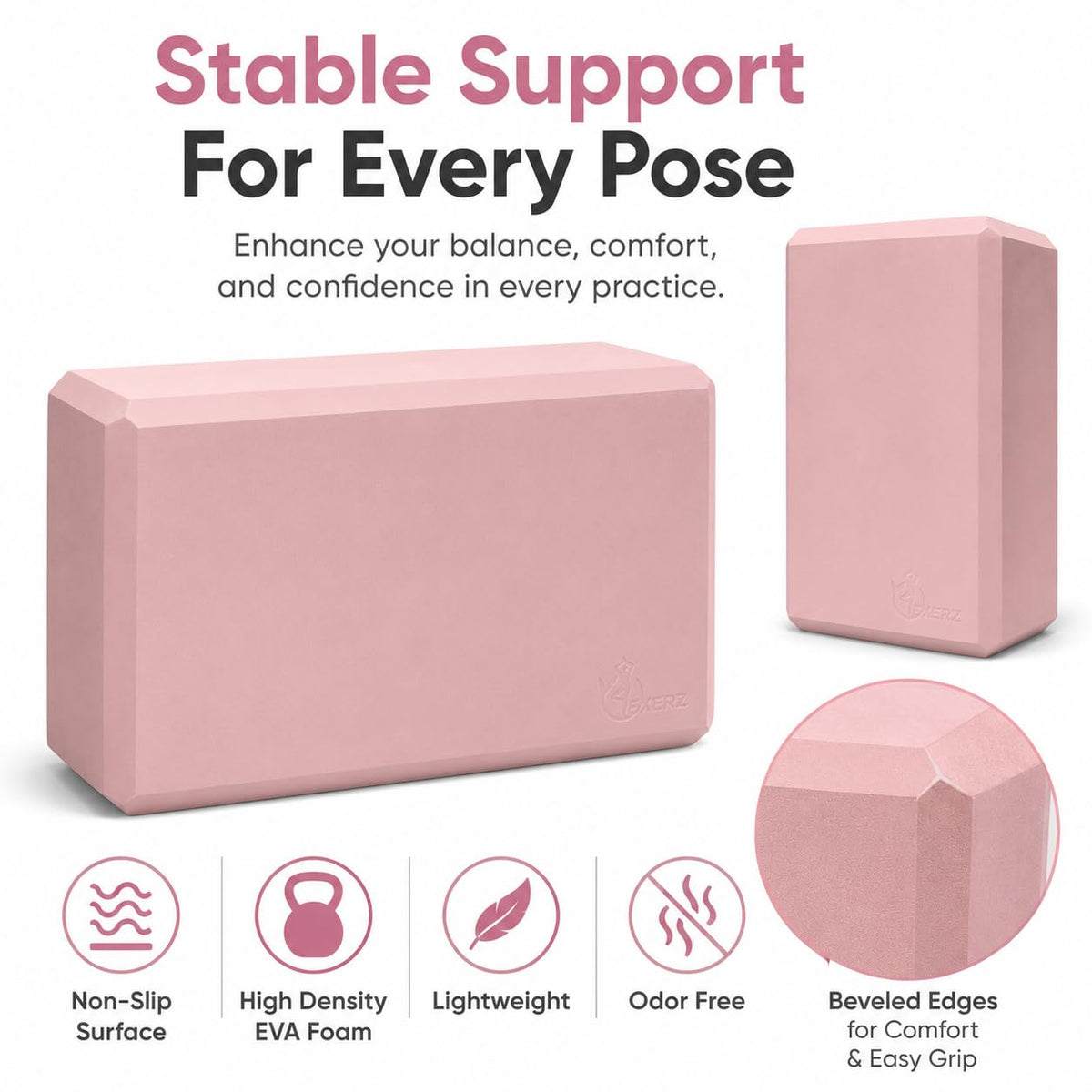 EXERZ Yoga Blocks 2pcs Gym Bricks -Comfortable Fitness Yoga Bricks, Anti-Slip, Lightweight and Travel Friendly Pilates Practice