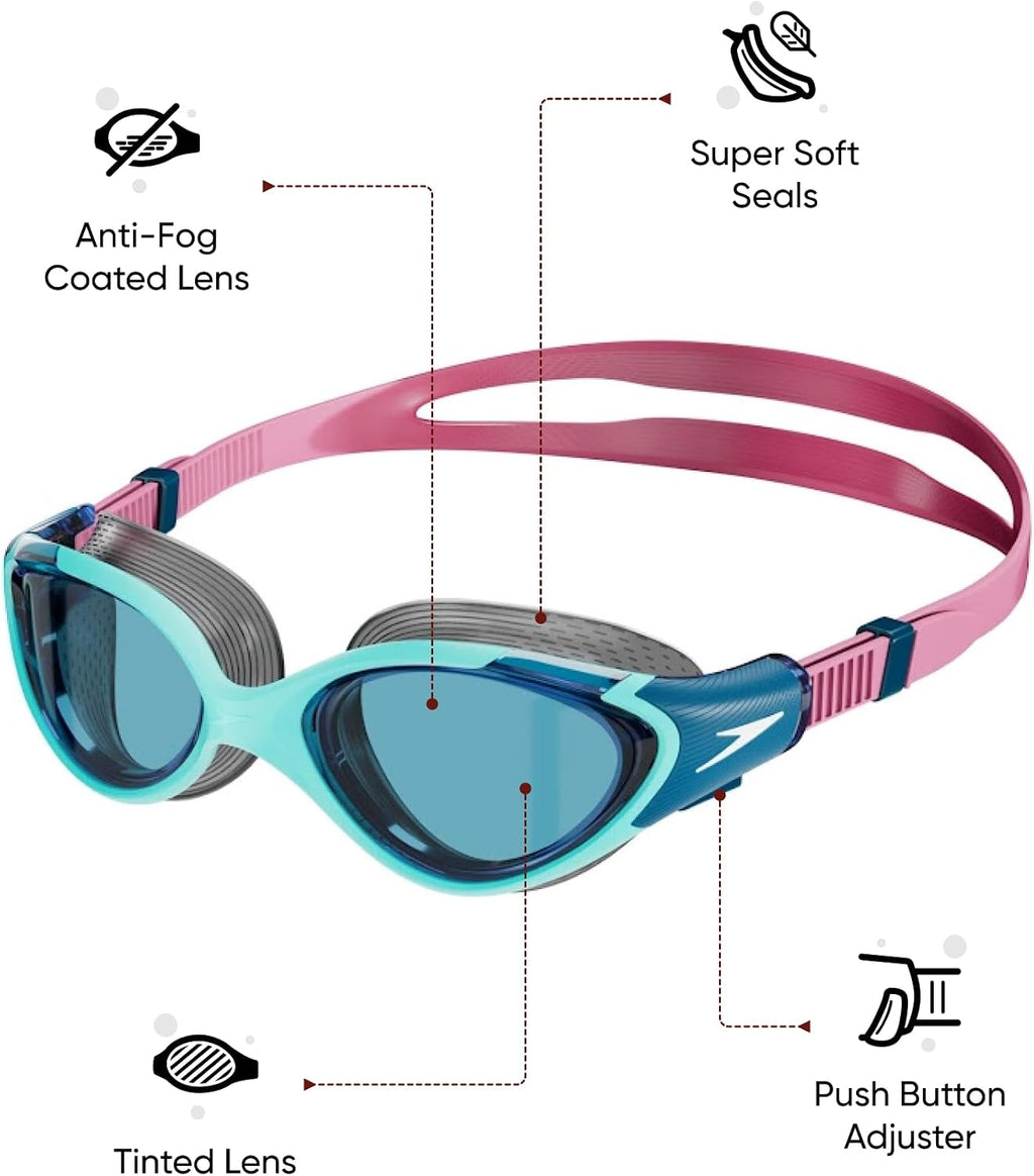 Speedo Damen Biofuse 2.0 Schwimmbrille | Weibliches Design | Patentierter Verstellmechanismus | Anti-Beschlag | Anti-Leck | Comfort Fit Schwimmbrille (1 Stück)