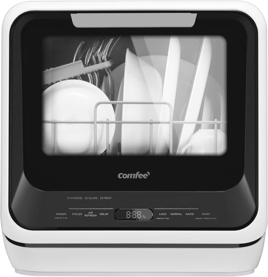 COMFEE' Portable Mini Dishwasher Countertop with 1.32Gal Built-in Water Tank for Apartments& RVs, No Hookup Needed, 6 Programs, 360° Dual Spray, 162℉ High-Temp& Air-Dry Function