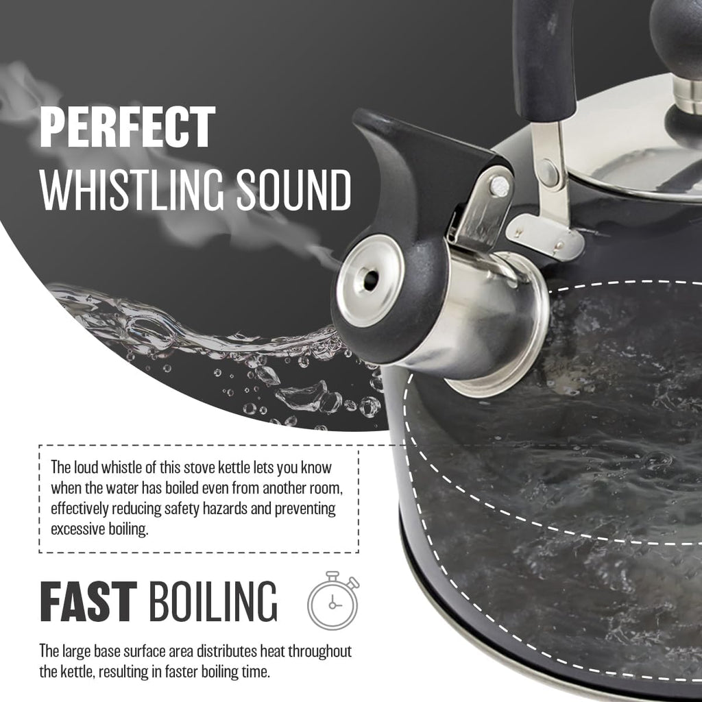 2.5L Stainless Steel Whistling Kettle - Suitable for Fishing, Camping, Hiking, Indoor & Outdoor | Camping Kettle for Gas Stove, Electric Stove, Camp Fire | Lightweight, Fast Boil, Phenolic Handle