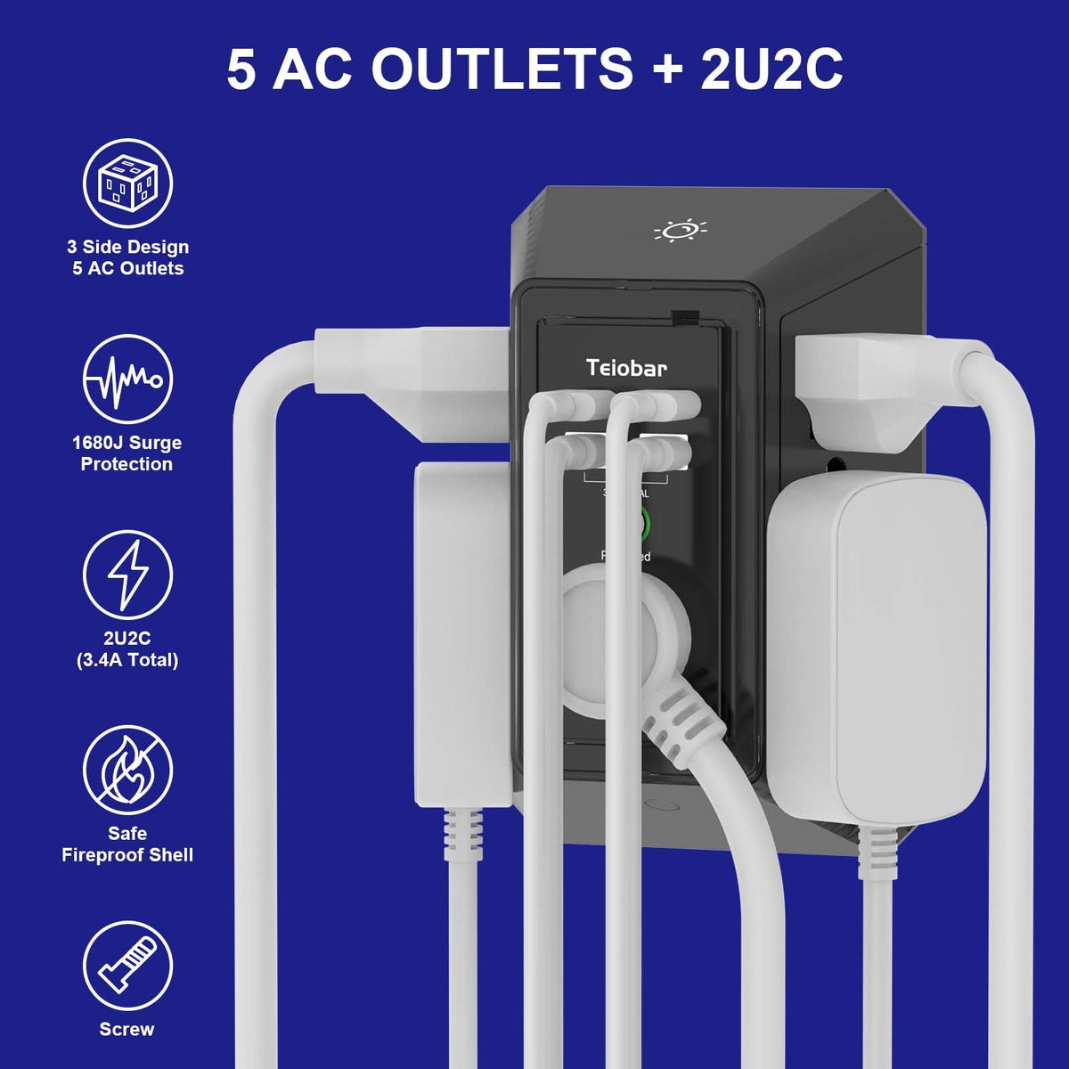 Multi Plug Wall Outlet Surge Protector with 6-Outlet & 4 USB Ports(2USB-C)