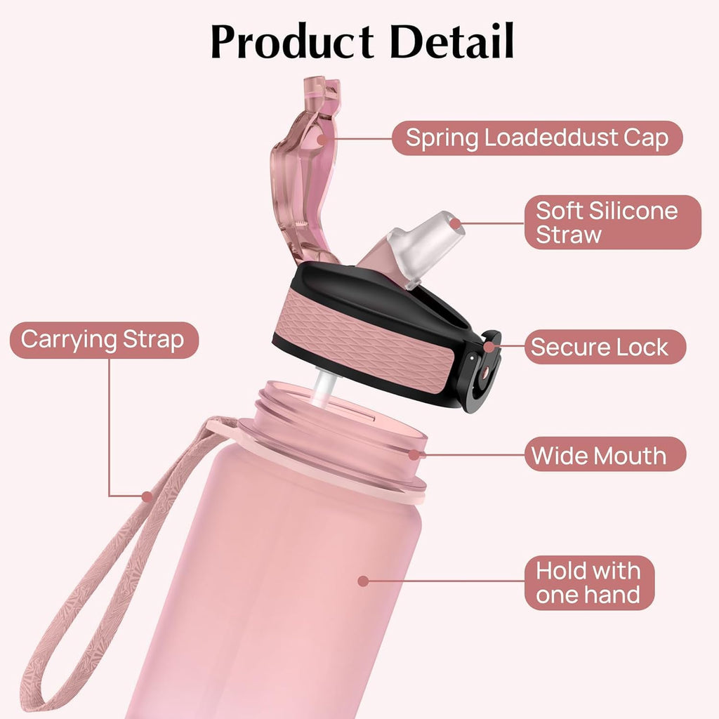 EYQ 1L Water Bottle, 1 Litre Water Bottle with Straw, 32oz Leak-Proof Motivational Sports Drinks Bottle with Time Marker, Tritan BPA-Free, Drinking Waterbottles for Gym Outdoor Sports