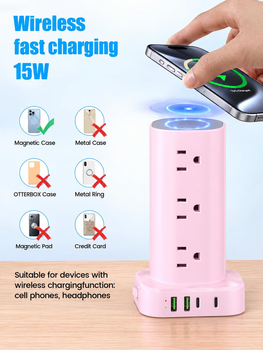 6FT Power Strip Tower with Wireless Charger,Surge Protector with 12 Outlets