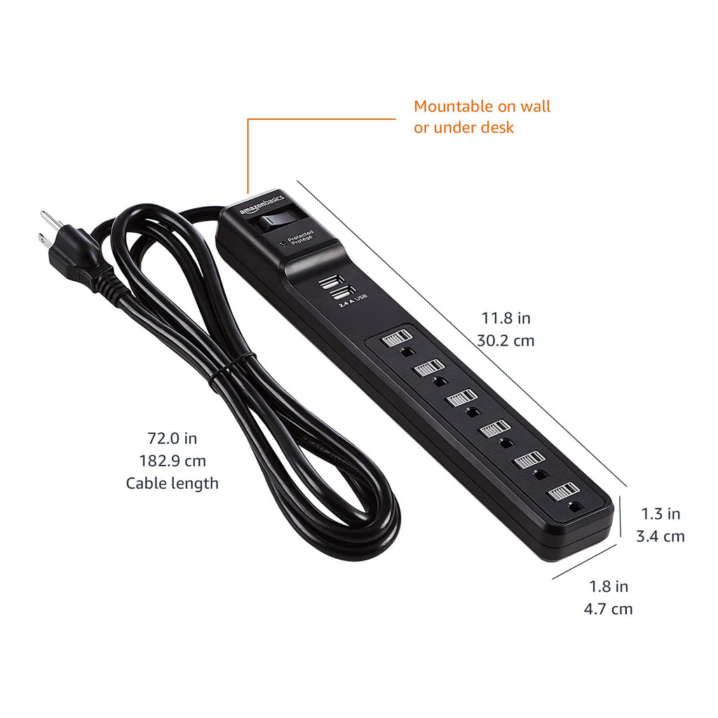 Amazon Basics Surge Protector Power Strip, 6-Outlet, 790 Joules, 6ft Extension Cord, Safety Shutters, White