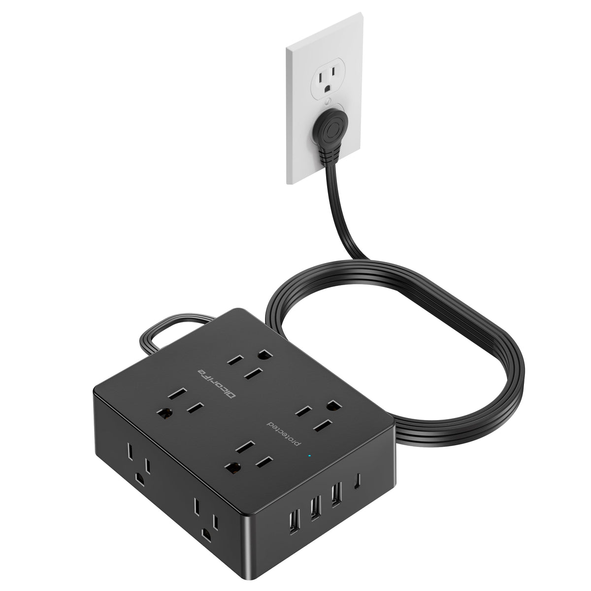 Olcorife Flat Plug Power Strip with 15 FT Extension Cord, 8 Outlets 4 USB Ports(1 USB C), 3 Sided Outlet Extender for Home Office Travel Dorm Room Essentials, White