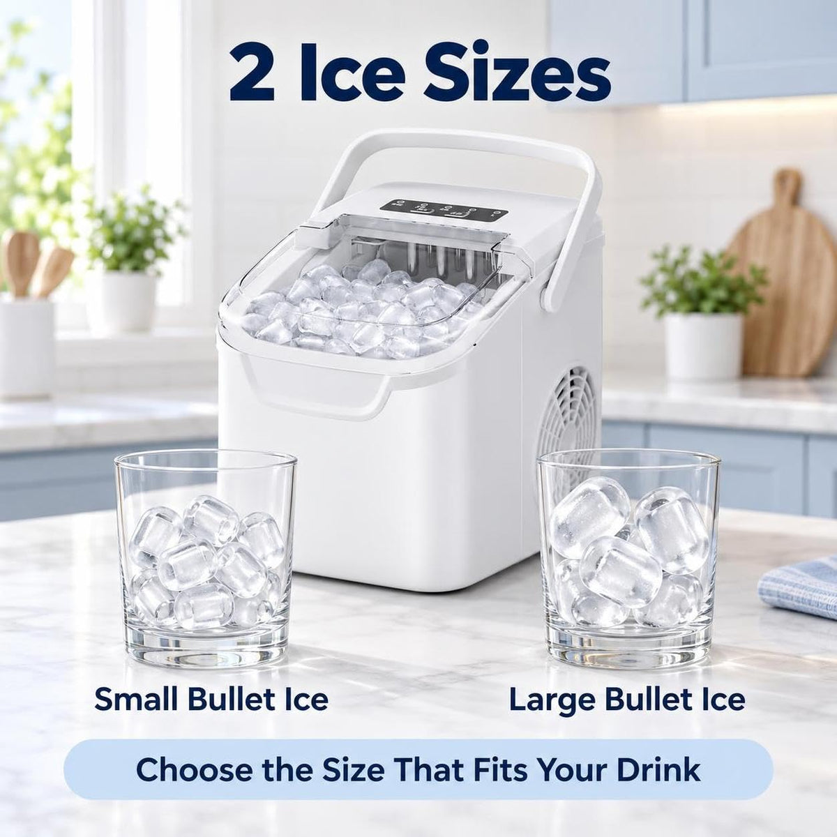 Electactic Portable Ice Maker Countertop,8 Bullet Ice in 6 Mins,2 Ice Size