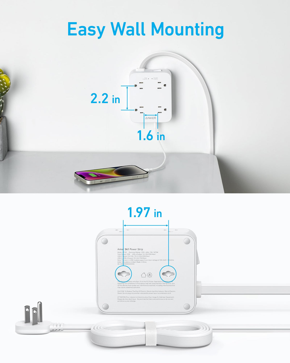 Anker Power Strip with 2000J Surge Protector, 10ft Outlet Extender, 20W 8AC