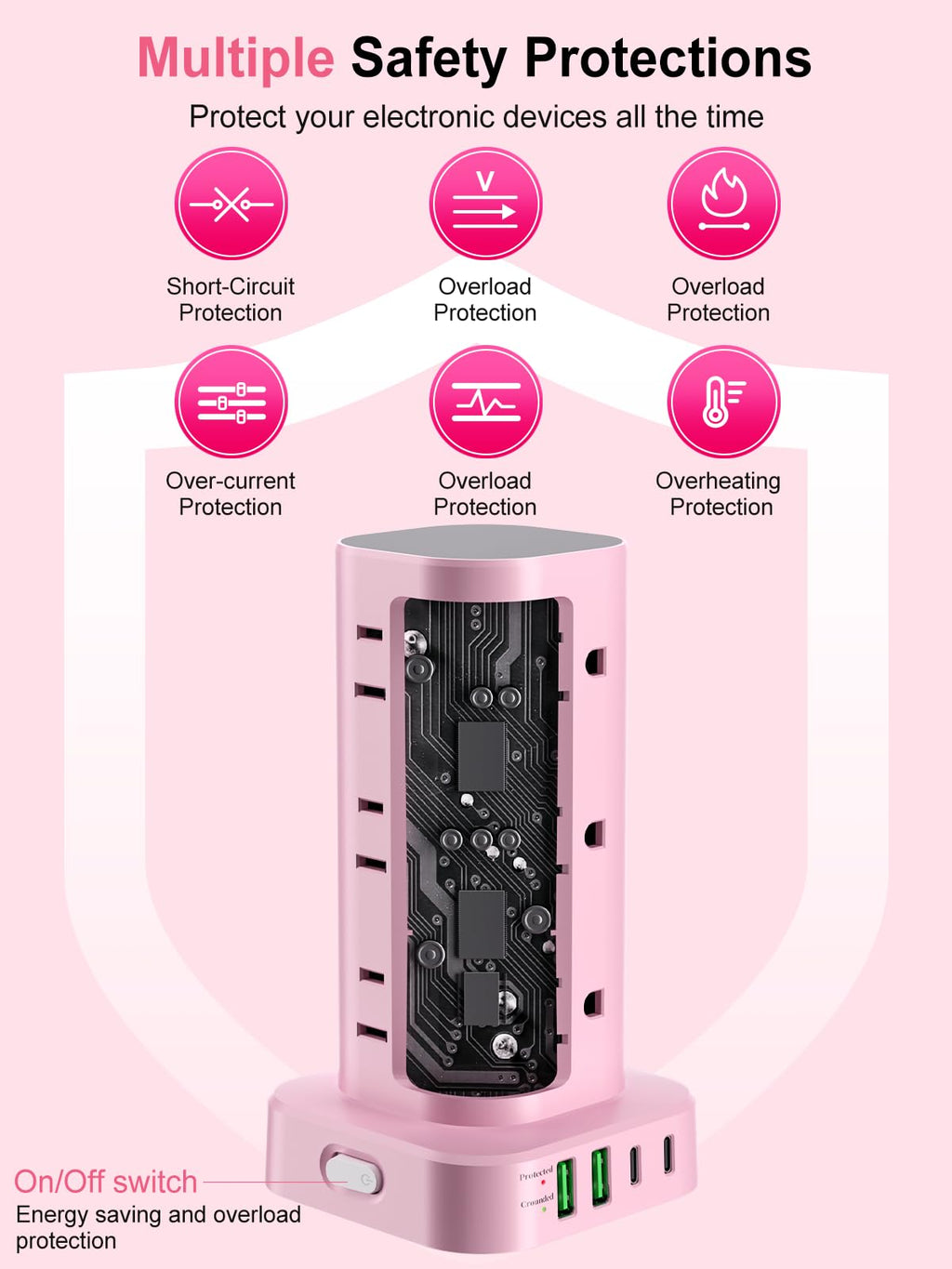 6FT Power Strip Tower with Wireless Charger,Surge Protector with 12 Outlets