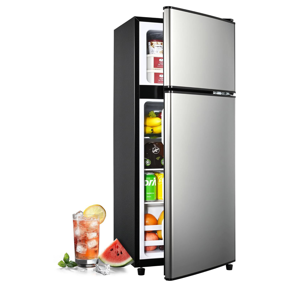 Anypro 4.0 Cu.Ft Fridge with Bottom Freezer, 2 Door Refrigerator with Drawer, 7 Level Temperatures and Adjustable Shelves for Bedroom, Dorm, Office, Apartment, Silver