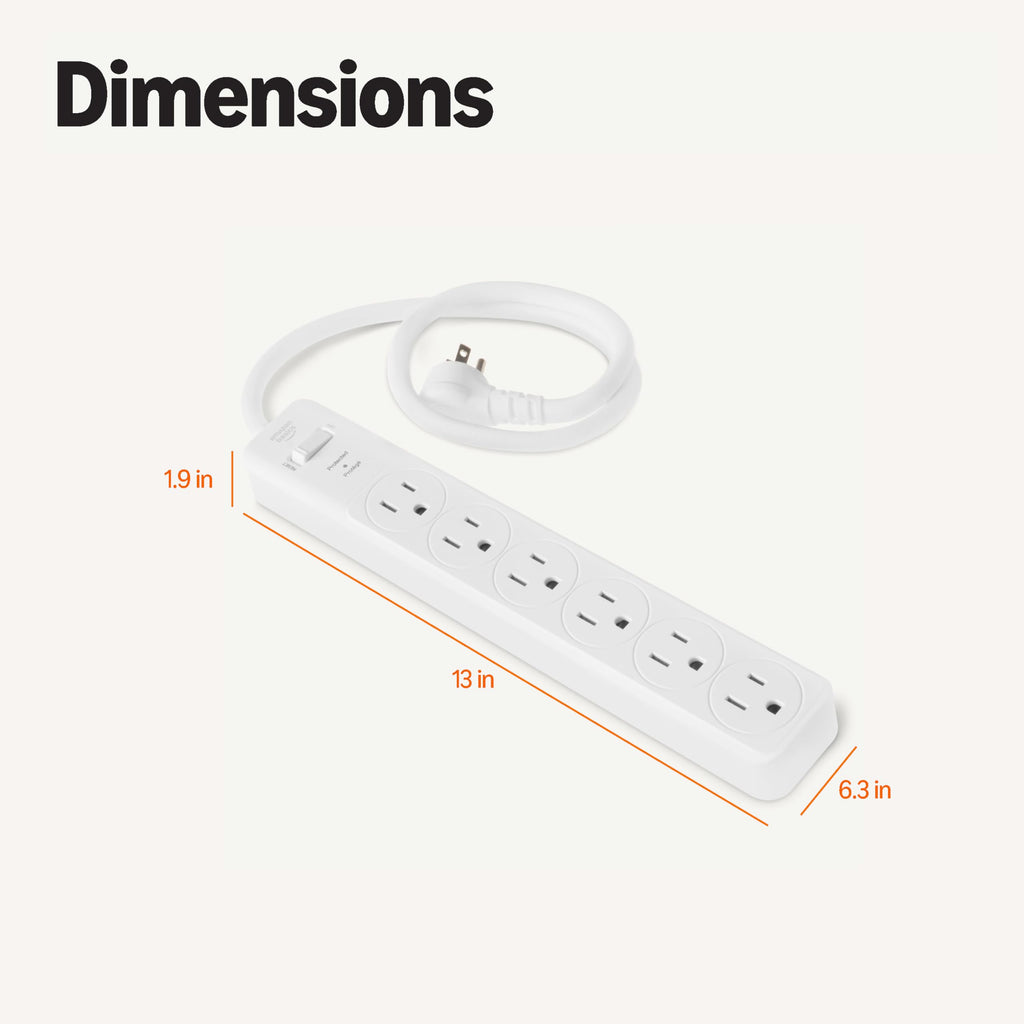 Amazon Basics Surge Protector Power Strip, 6-Outlet with 200J Protection, Circuit Breaker, LED Indicator, On/Off Switch, Wall-Mounting, 2ft Extension Cord, White, 2-Pack