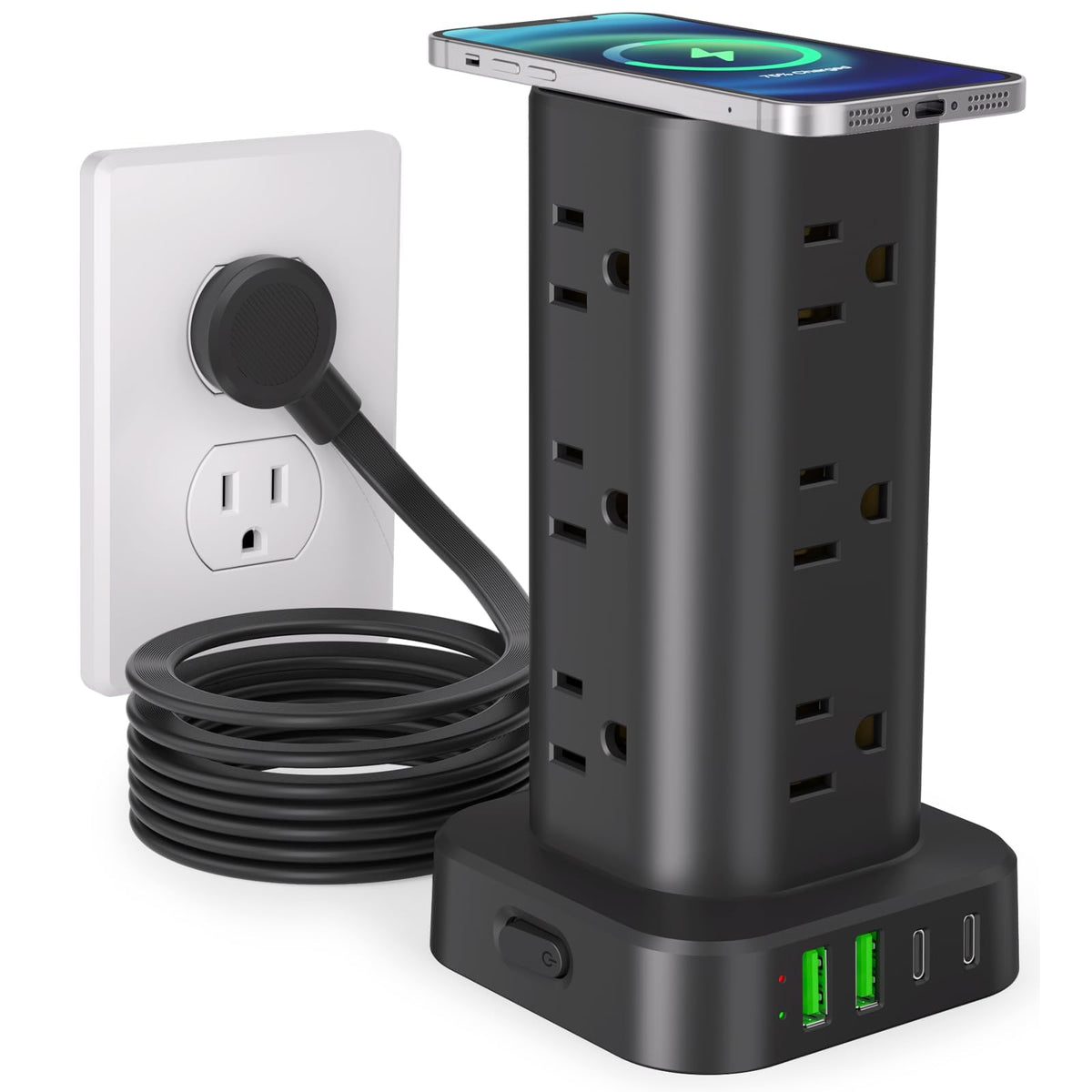 6FT Power Strip Tower with Wireless Charger,Surge Protector with 12 Outlets
